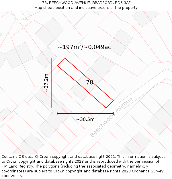 78, BEECHWOOD AVENUE, BRADFORD, BD6 3AF: Plot and title map