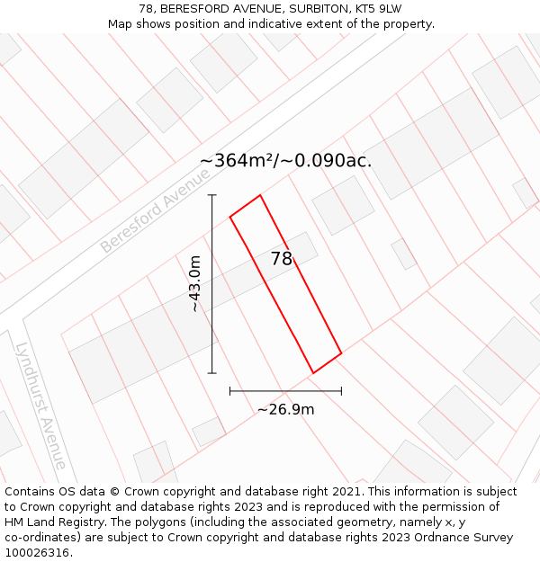78, BERESFORD AVENUE, SURBITON, KT5 9LW: Plot and title map