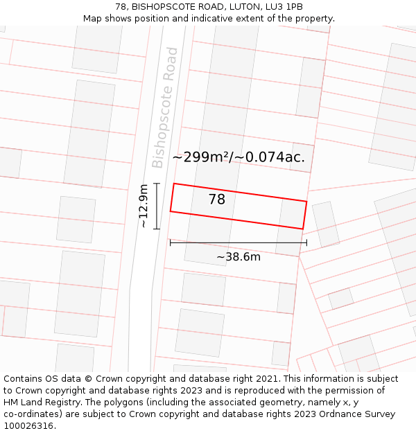 78, BISHOPSCOTE ROAD, LUTON, LU3 1PB: Plot and title map