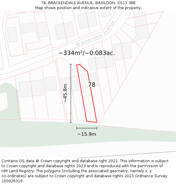 78, BRACKENDALE AVENUE, BASILDON, SS13 3BE: Plot and title map