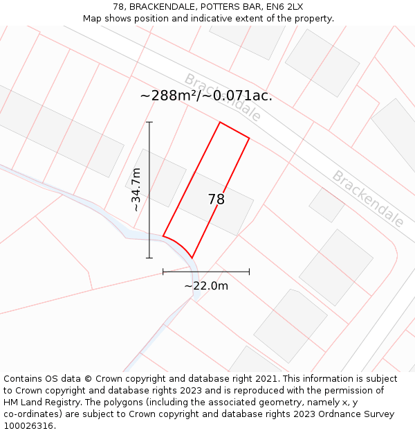 78, BRACKENDALE, POTTERS BAR, EN6 2LX: Plot and title map