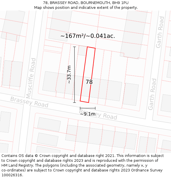78, BRASSEY ROAD, BOURNEMOUTH, BH9 1PU: Plot and title map