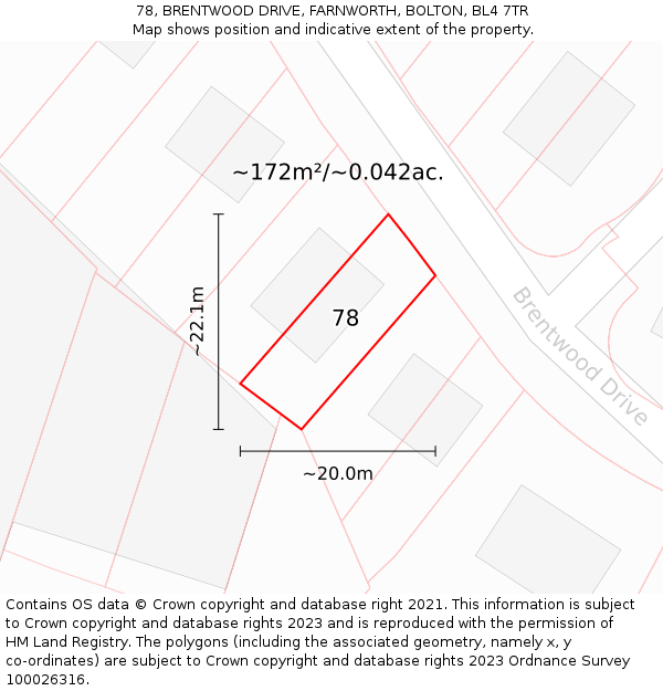 78, BRENTWOOD DRIVE, FARNWORTH, BOLTON, BL4 7TR: Plot and title map
