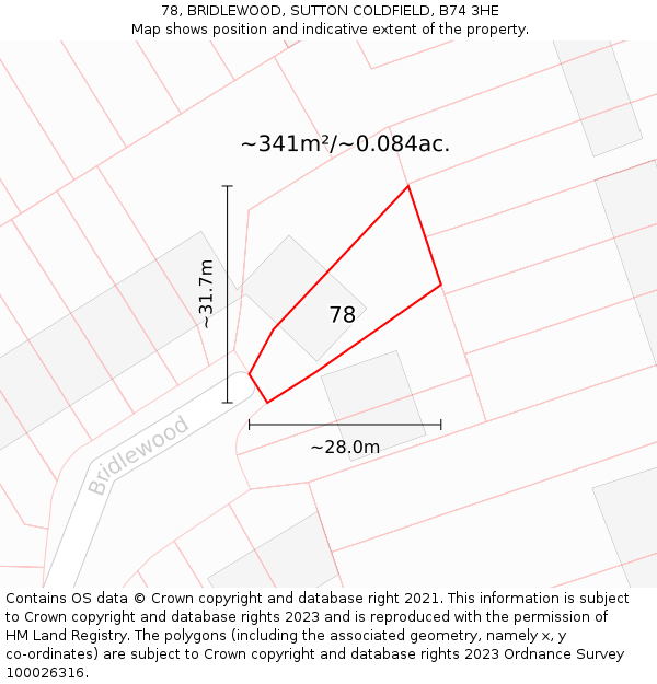 78, BRIDLEWOOD, SUTTON COLDFIELD, B74 3HE: Plot and title map