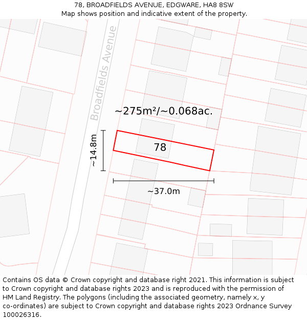 78, BROADFIELDS AVENUE, EDGWARE, HA8 8SW: Plot and title map