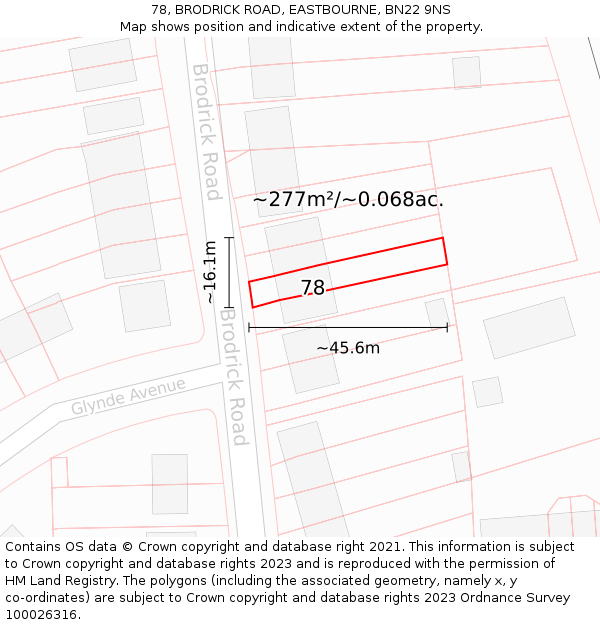78, BRODRICK ROAD, EASTBOURNE, BN22 9NS: Plot and title map