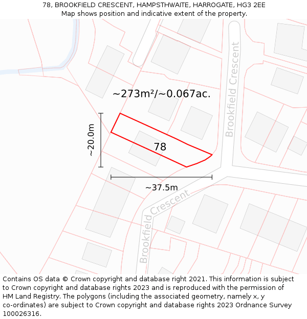 78, BROOKFIELD CRESCENT, HAMPSTHWAITE, HARROGATE, HG3 2EE: Plot and title map