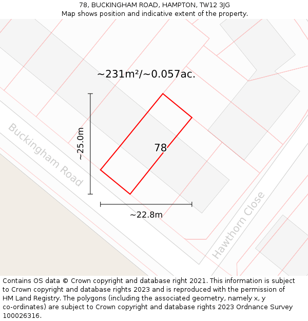 78, BUCKINGHAM ROAD, HAMPTON, TW12 3JG: Plot and title map