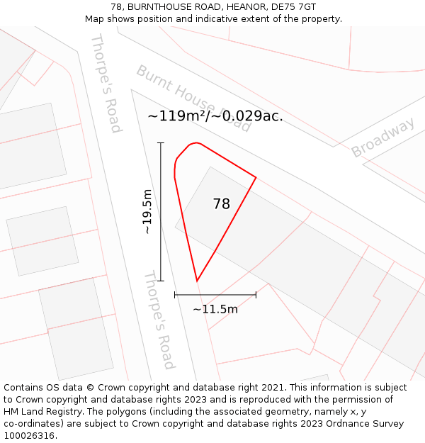 78, BURNTHOUSE ROAD, HEANOR, DE75 7GT: Plot and title map