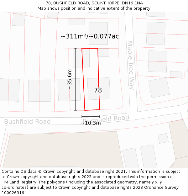 78, BUSHFIELD ROAD, SCUNTHORPE, DN16 1NA: Plot and title map