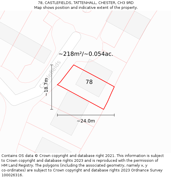 78, CASTLEFIELDS, TATTENHALL, CHESTER, CH3 9RD: Plot and title map
