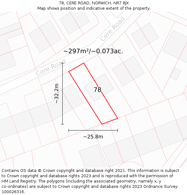 78, CERE ROAD, NORWICH, NR7 8JX: Plot and title map