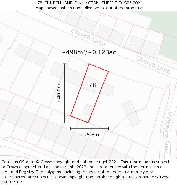 78, CHURCH LANE, DINNINGTON, SHEFFIELD, S25 2QY: Plot and title map