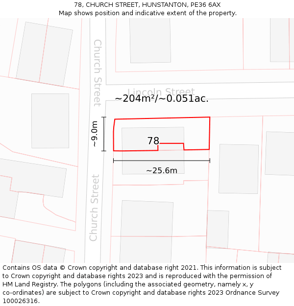 78, CHURCH STREET, HUNSTANTON, PE36 6AX: Plot and title map