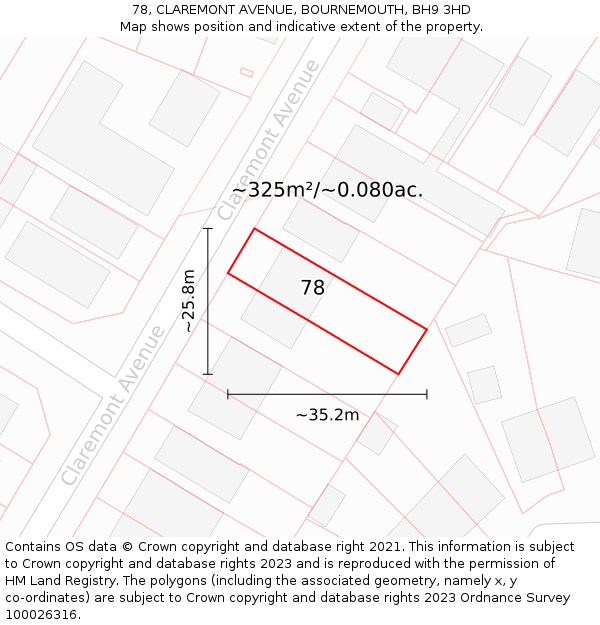 78, CLAREMONT AVENUE, BOURNEMOUTH, BH9 3HD: Plot and title map