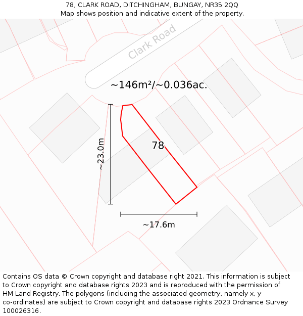 78, CLARK ROAD, DITCHINGHAM, BUNGAY, NR35 2QQ: Plot and title map