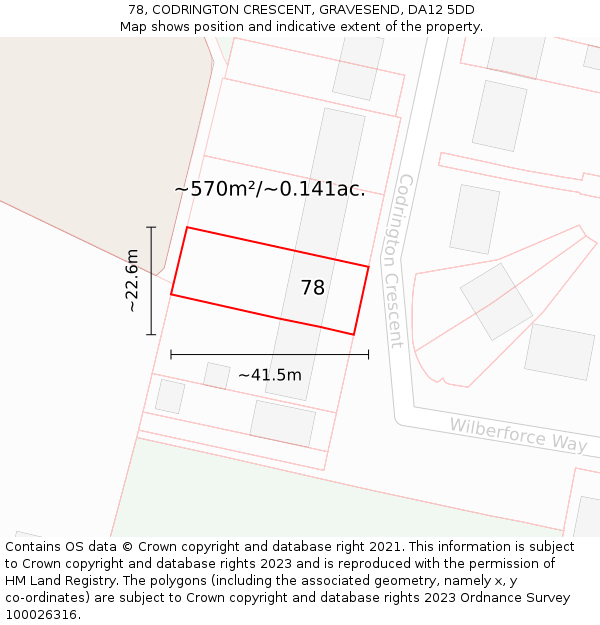 78, CODRINGTON CRESCENT, GRAVESEND, DA12 5DD: Plot and title map