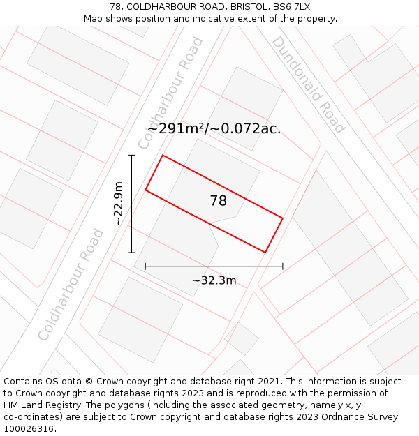 78, COLDHARBOUR ROAD, BRISTOL, BS6 7LX: Plot and title map