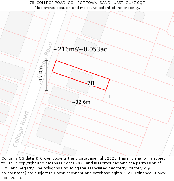 78, COLLEGE ROAD, COLLEGE TOWN, SANDHURST, GU47 0QZ: Plot and title map