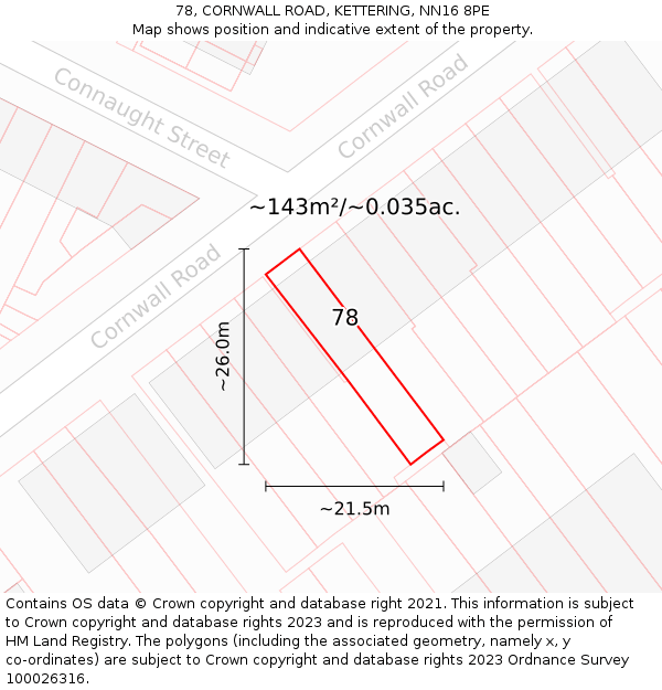 78, CORNWALL ROAD, KETTERING, NN16 8PE: Plot and title map