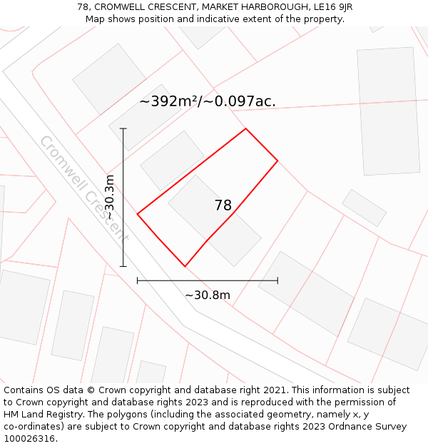78, CROMWELL CRESCENT, MARKET HARBOROUGH, LE16 9JR: Plot and title map