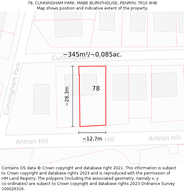 78, CUNNINGHAM PARK, MABE BURNTHOUSE, PENRYN, TR10 9HB: Plot and title map