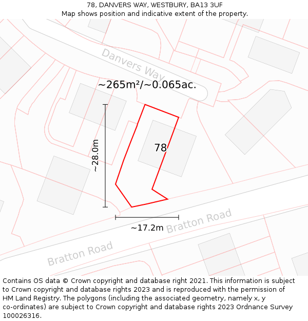 78, DANVERS WAY, WESTBURY, BA13 3UF: Plot and title map