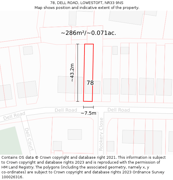 78, DELL ROAD, LOWESTOFT, NR33 9NS: Plot and title map