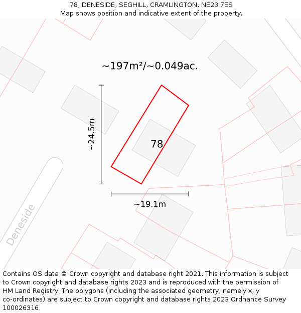 78, DENESIDE, SEGHILL, CRAMLINGTON, NE23 7ES: Plot and title map