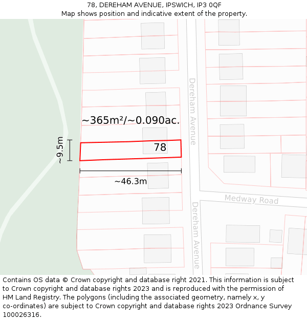 78, DEREHAM AVENUE, IPSWICH, IP3 0QF: Plot and title map