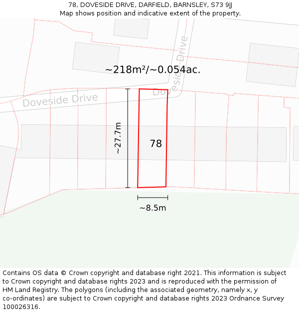 78, DOVESIDE DRIVE, DARFIELD, BARNSLEY, S73 9JJ: Plot and title map