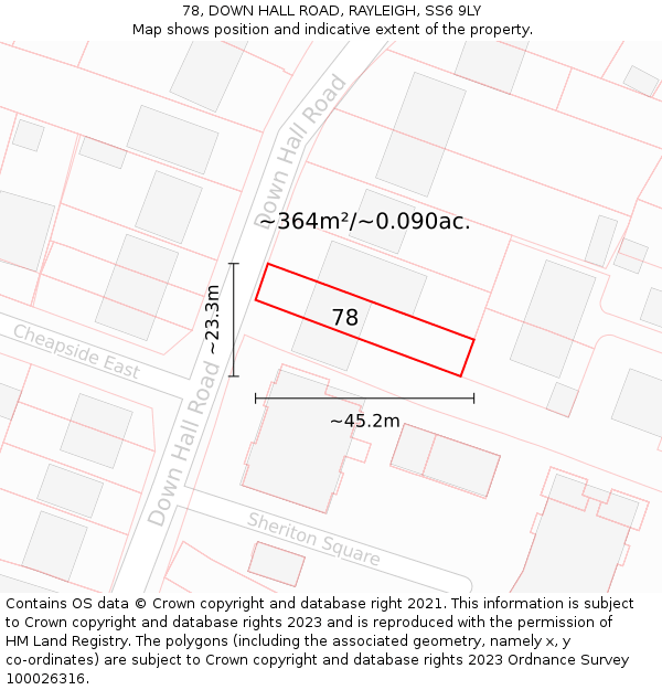 78, DOWN HALL ROAD, RAYLEIGH, SS6 9LY: Plot and title map