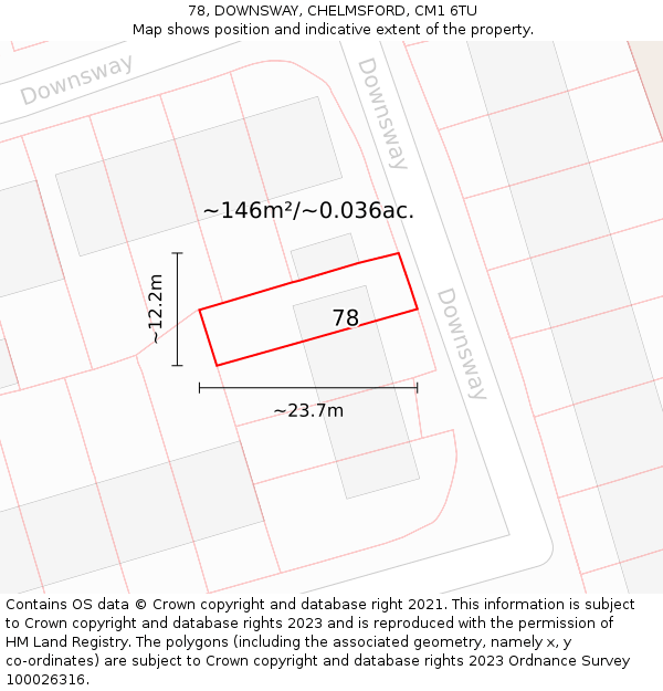 78, DOWNSWAY, CHELMSFORD, CM1 6TU: Plot and title map
