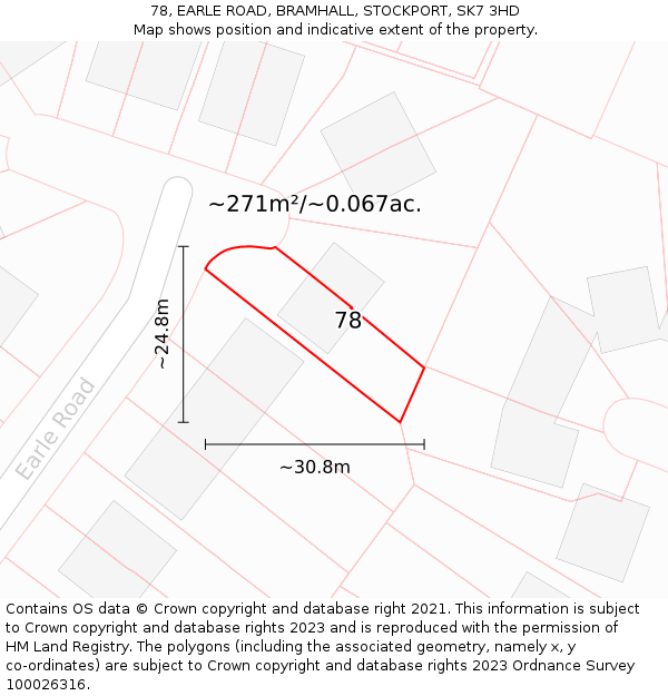 78, EARLE ROAD, BRAMHALL, STOCKPORT, SK7 3HD: Plot and title map