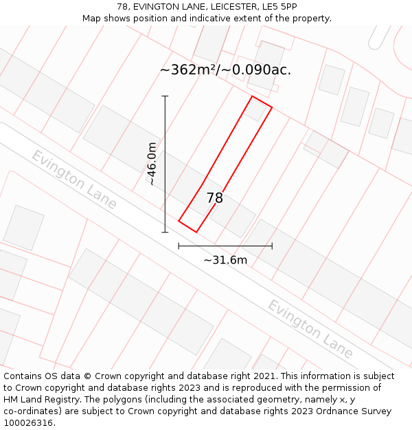 78, EVINGTON LANE, LEICESTER, LE5 5PP: Plot and title map