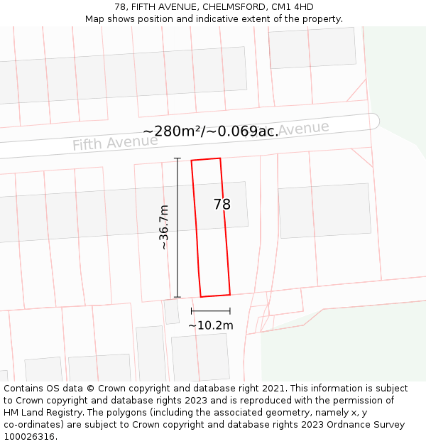 78, FIFTH AVENUE, CHELMSFORD, CM1 4HD: Plot and title map