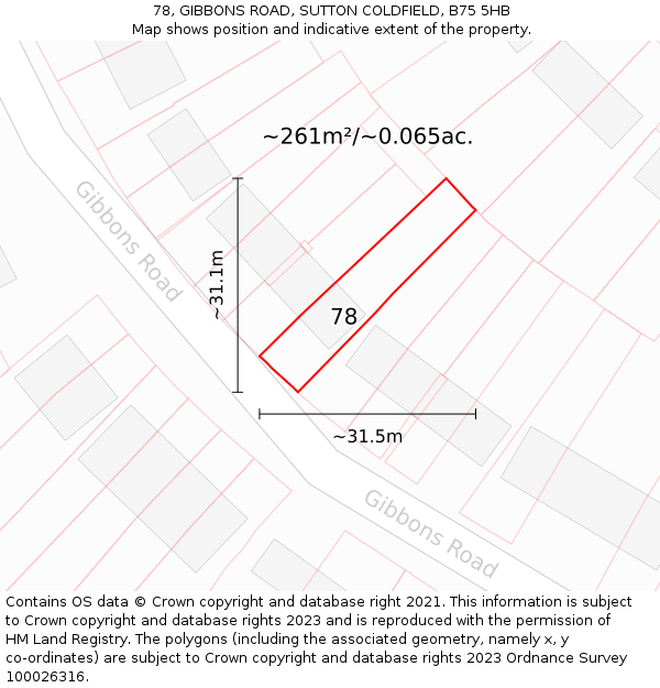 78, GIBBONS ROAD, SUTTON COLDFIELD, B75 5HB: Plot and title map