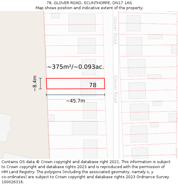 78, GLOVER ROAD, SCUNTHORPE, DN17 1AS: Plot and title map