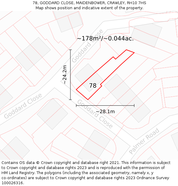 78, GODDARD CLOSE, MAIDENBOWER, CRAWLEY, RH10 7HS: Plot and title map
