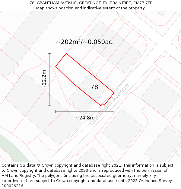 78, GRANTHAM AVENUE, GREAT NOTLEY, BRAINTREE, CM77 7FP: Plot and title map