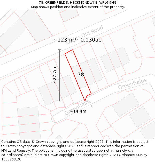 78, GREENFIELDS, HECKMONDWIKE, WF16 9HG: Plot and title map