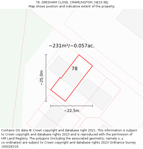 78, GRESHAM CLOSE, CRAMLINGTON, NE23 6EJ: Plot and title map