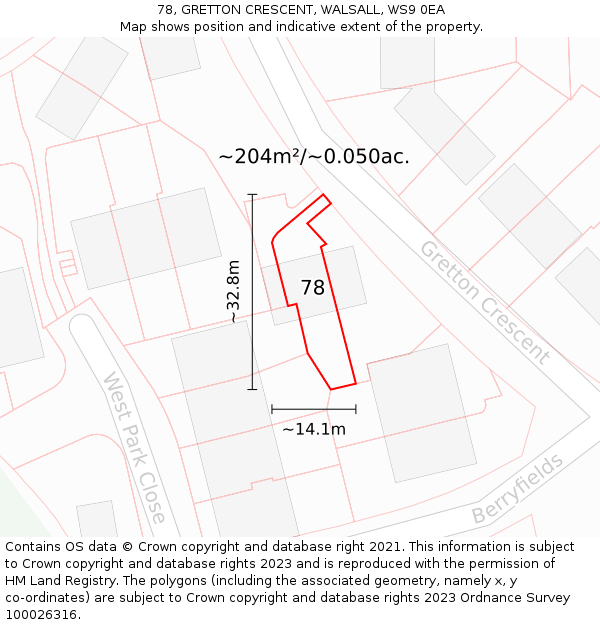 78, GRETTON CRESCENT, WALSALL, WS9 0EA: Plot and title map
