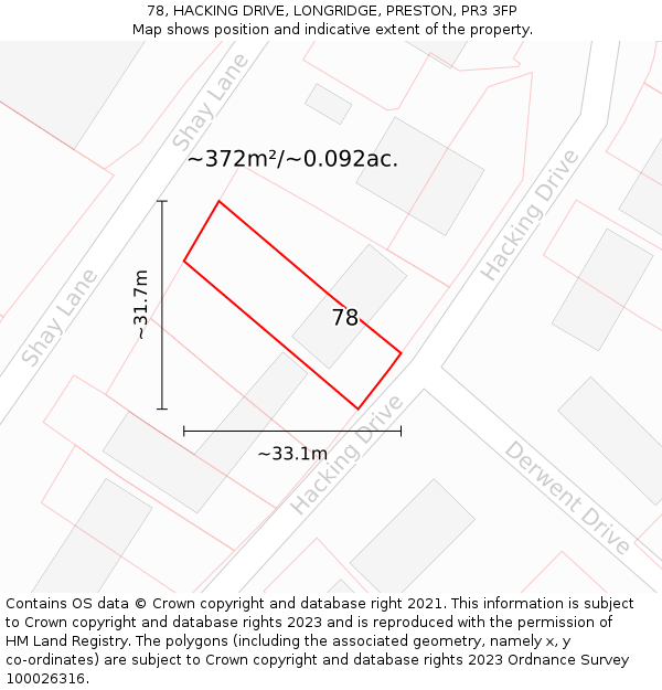78, HACKING DRIVE, LONGRIDGE, PRESTON, PR3 3FP: Plot and title map
