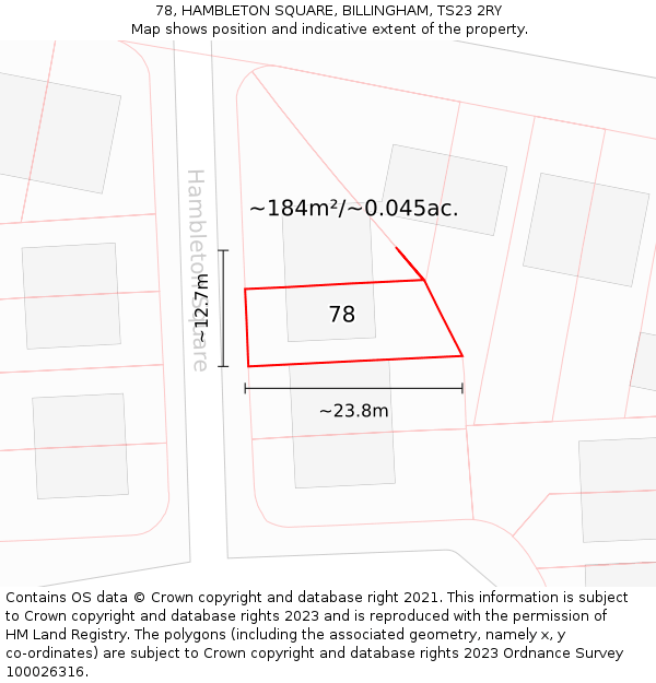 78, HAMBLETON SQUARE, BILLINGHAM, TS23 2RY: Plot and title map