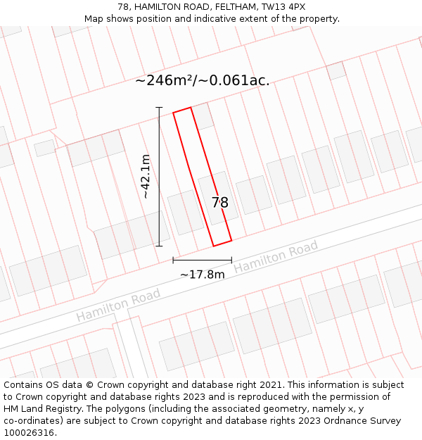 78, HAMILTON ROAD, FELTHAM, TW13 4PX: Plot and title map