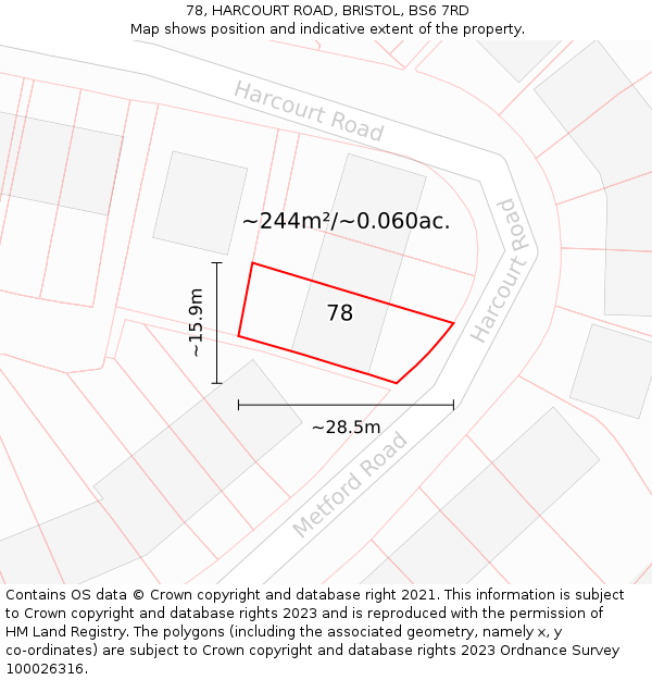 78, HARCOURT ROAD, BRISTOL, BS6 7RD: Plot and title map