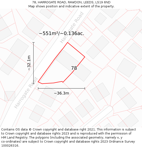 78, HARROGATE ROAD, RAWDON, LEEDS, LS19 6ND: Plot and title map