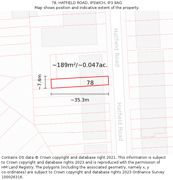 78, HATFIELD ROAD, IPSWICH, IP3 9AG: Plot and title map