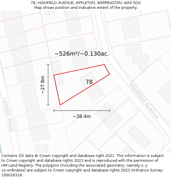 78, HIGHFIELD AVENUE, APPLETON, WARRINGTON, WA4 5DX: Plot and title map